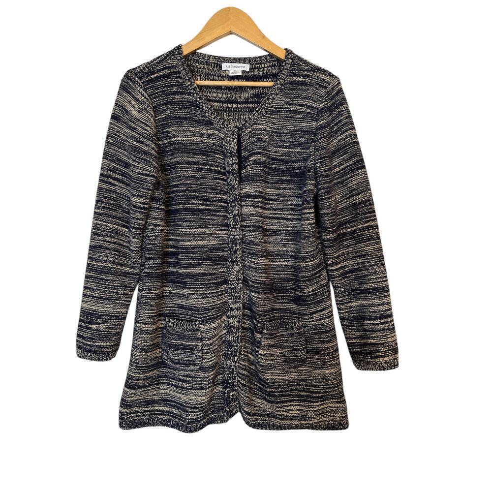 Liz Claiborne Women's Chunky Knit Snap Front Cardigan Sweater Size XL Blue Beige